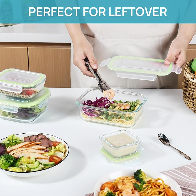 Vtopmart 8 Pack Glass Food Storage Containers with Airtight Lids | Meal Prep Lunch Containers, Leakproof, Leftover Storage, Take-out, Microwave, Oven, Freezer and Dishwasher Safe, BPA Free