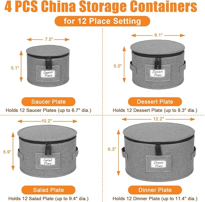 Kukikan China Storage Containers, 4 Pack Hard Shell Moving Boxes, Dish Storage Containers with Felt Dividers for Charger Plates Dinnerware, Stackable Cases for 12 Place Setting Up to 11.4" Dia.