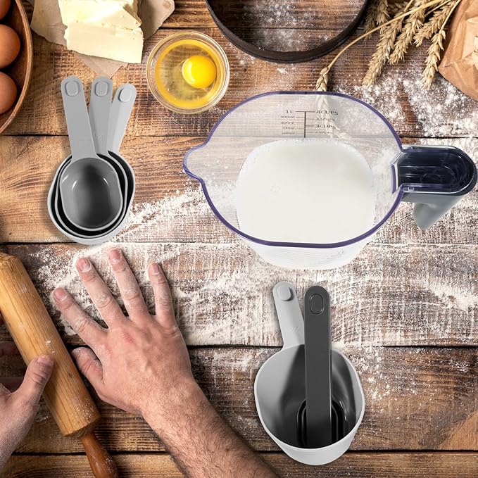 Stackable 10-Piece Measuring Cups and Spoons Set with Lids | BPA-free & dishwasher safe. Kitchen gadgets for cooking & baking. Dust-proof nested utensils for dry or liquid food.
