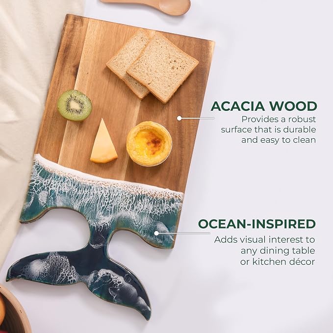 Whale Tail Serving Board, 15"x 7.9" Acacia Wood Ocean Resin Art Charcuterie Cheese Tray for Meal Prep, Fruit or Meat Display, Cutting Board on Back, Unique Gift for Women, Housewarming Gift