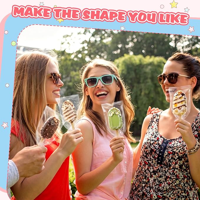 Ozera 200 Pcs Ice Pop Bags and Popsicle Sticks, Cakesicle Bags with Sticks | Clear Self-adhesive Cake Pop Bag, Candy, Chocolate Cookie, Family Gathering Party