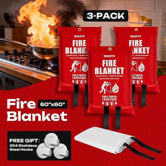 Fire Blanket 3-Pack | Fiberglass Prepared Fire Suppression | 60"x60" Fire Blankets Emergency for Home and Kitchen