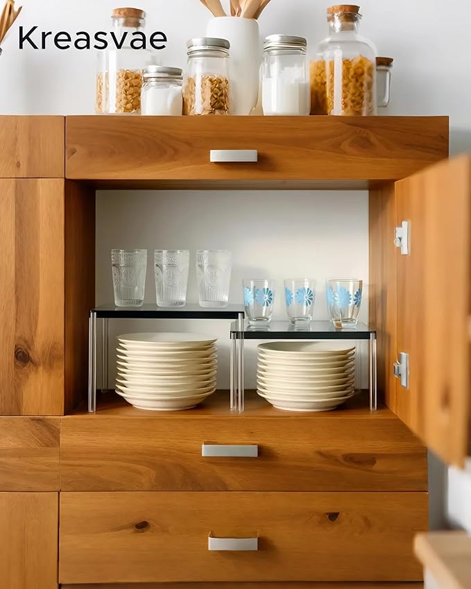Cabinet Organizer Acrylic Spice Rack, 4 Pack Stackable Shelf Riser for Kitchen Pantry Countertop, Expandable Storage Organizer for Bathroom Office