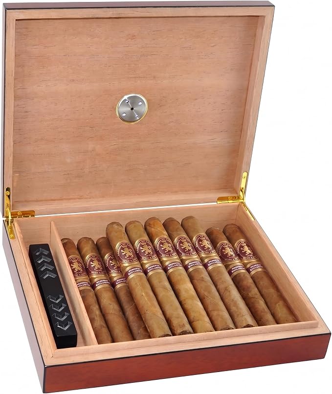 Humidor Cigar Box Holds 20 Cigars, Seal Lid Closure, Spanish Cedar Wood Travel Storage Cigar Case with Removable Divider, Humidifier and Golden Hygrometer, Gift for Man, Sapele Cherry Finish