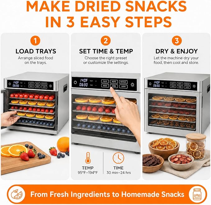 6-Tray Stainless Steel Food Dehydrator | jerky maker fruit dryer herb dehydrator dog treat maker digital food dehydrator countertop dehydrator