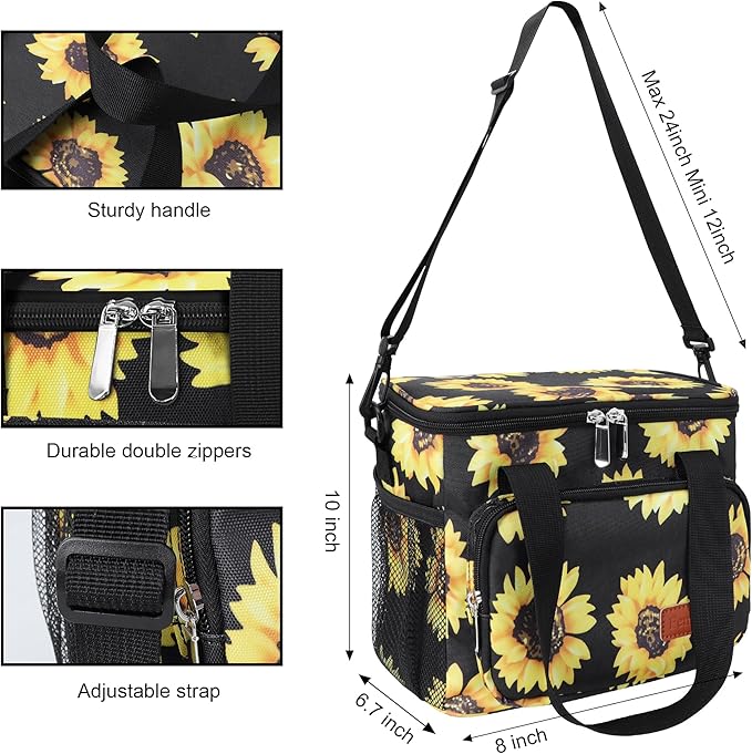 Lunch Bags for Women/Men, Insulated Lunch Bag for Work Office - Lunch Cooler Bag Leakproof Lunch Box with Adjustable Shoulder Strap - Sunflower
