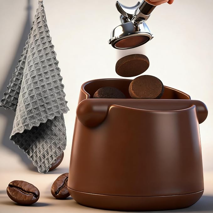 5-Inch Espresso Knock Box, Holds 15+ Coffee Pucks with Barista Towels, Removable Knock Bar & Anti-Slip Base, Espresso Machine Accessories for Home/Office (Modern Brown)