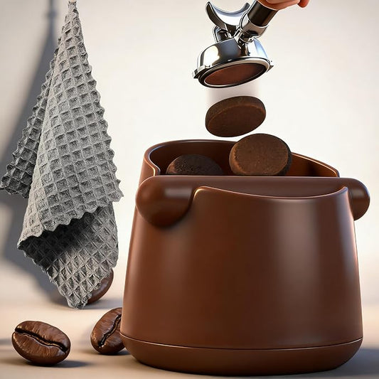 5-Inch Espresso Knock Box, Holds 15+ Coffee Pucks with Barista Towels, Removable Knock Bar & Anti-Slip Base, Espresso Machine Accessories for Home/Office (Modern Brown)