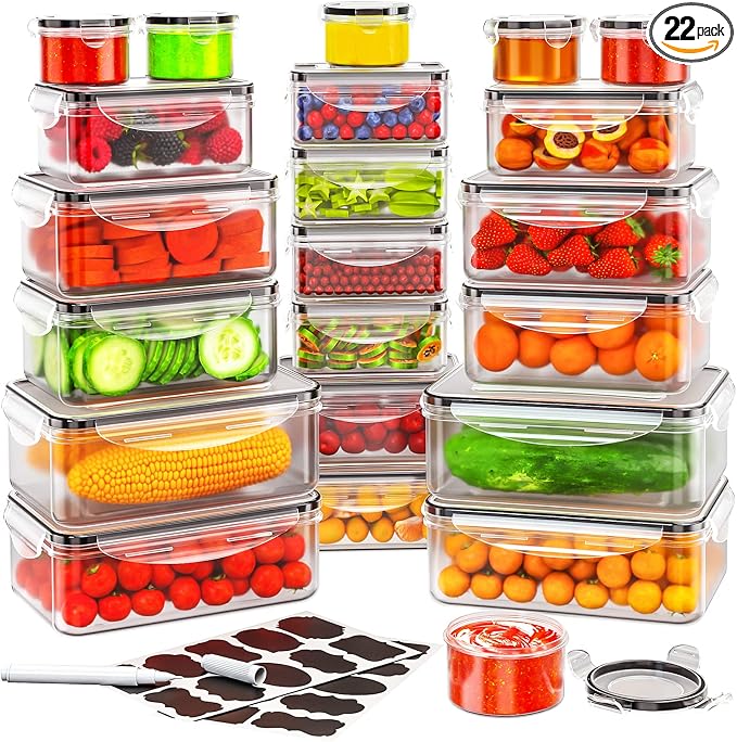44 PCS Food Storage Container with Lid (22 Lids & 22 Containers) - Airtight Leakproof Plastic Kitchen Organization Set Reusable Microwave/Freezer/Dishwasher Safe Meal Prep Container with Label & Pen