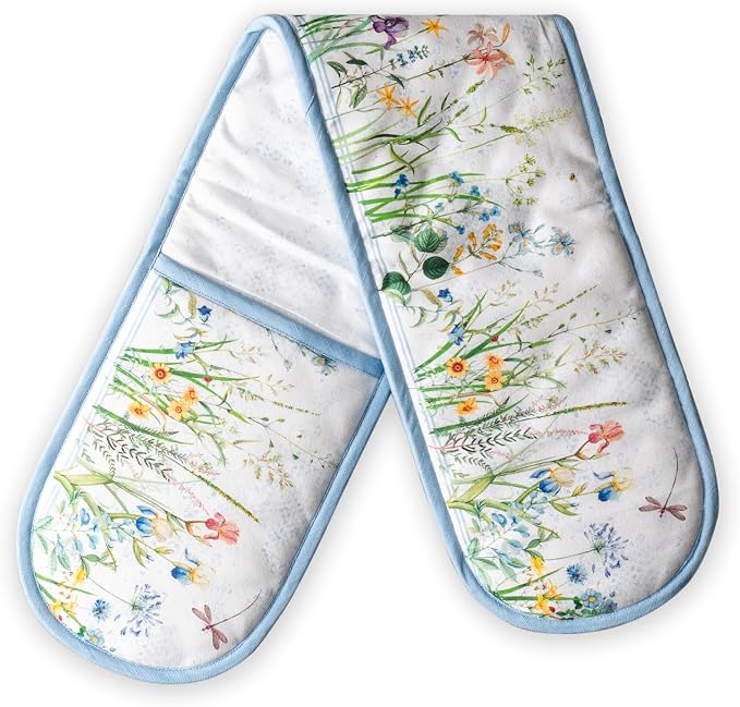 Maison d' Hermine Double Oven Mitts 100% Cotton Double Oven Glove (7"x35") | Heat Resistant BBQ Cooking Gloves with Loop Baking Grilling Kitchen Hotel Home Farmhouse Spring Summer - Fleurs De Mai