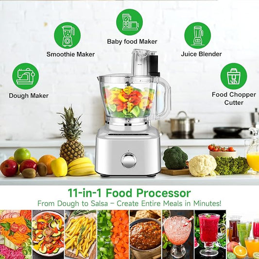 Homtone 16 Cup Food Processor, Large 11-in-1 Heavy Duty Food Processors and Blender Combo- 5 Preset Modes for Chopping,Shredding, Slicing, Kneading, Blending, Stepless Speed Control, 650W, Silver