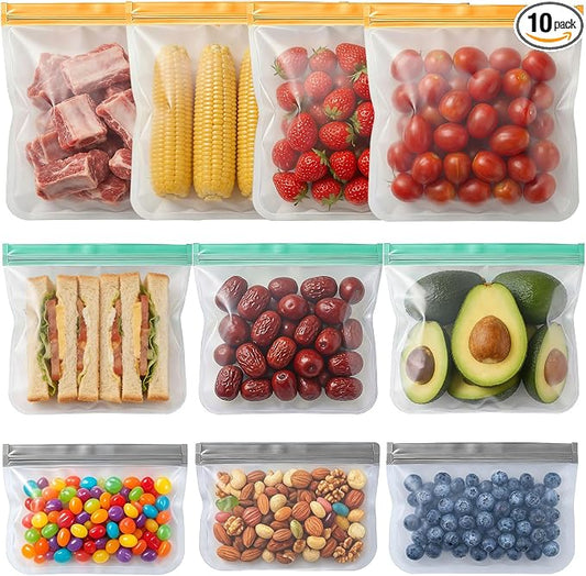 10 Pack Reusable Freezer Bags, Leakproof Reusable Silicone Food Storage Bags BPA Free Contaizers, Snack Sandwich Gallon Bags for Meal Prep, Marinate Meat, Salad Fruit, Veggies, Lunch, Travel, Kitchen
