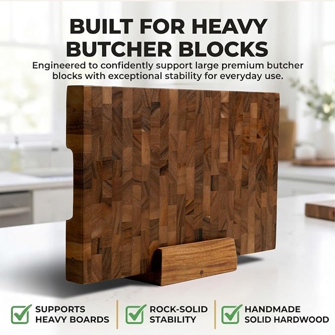 SHUMARU 2-Inch Thick Cutting Board Holder – Solid Hardwood Stand for Premium Butcher Blocks – Perfect Fit for Heavy 2" Thick Boards – Anti-Tip Countertop Organizer Holds Two 1" Boards