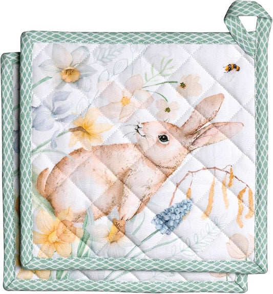 Maison d' Hermine Pot Holders 100% Cotton Potholders (8" x 8", Pack of 2) | Heat Resistant Hot Pads with Loop BBQ Cooking Baking Farmhouse Kitchen Handling Hot Pans Spring Summer - Easter Dew