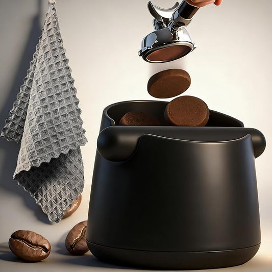 5-Inch Espresso Knock Box, Holds 15+ Coffee Pucks with Barista Towels, Removable Knock Bar & Anti-Slip Base, Espresso Machine Accessories for Home/Office (Modern Black)