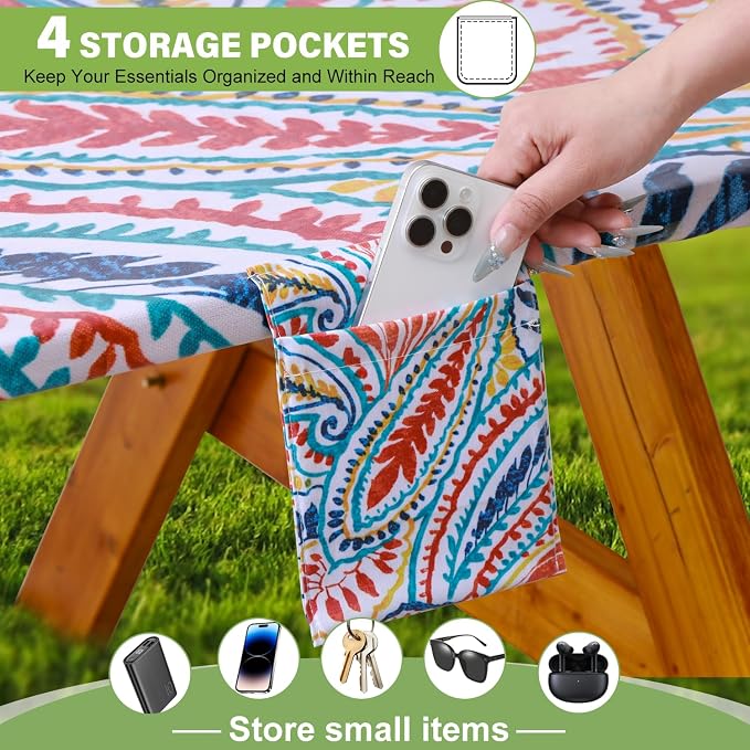 Fitted Picnic Table Cover with Bench Covers Waterproof Elastic Edges Rectangle Patio Tablecloth Outdoor Camping Essentials Stuff Rv Accessories Summer Trip Travel Supplies Party Camper Gifts, 8 ft