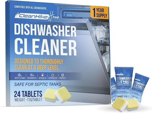 Dishwasher Cleaner Tablets - 24 Pack Dishwasher Cleaner and Deodorizer for Hard Water, Limescale, Calcium Buildup, Grease & Odors - Septic Safe Citric Acid Formula, 1 Year Supply