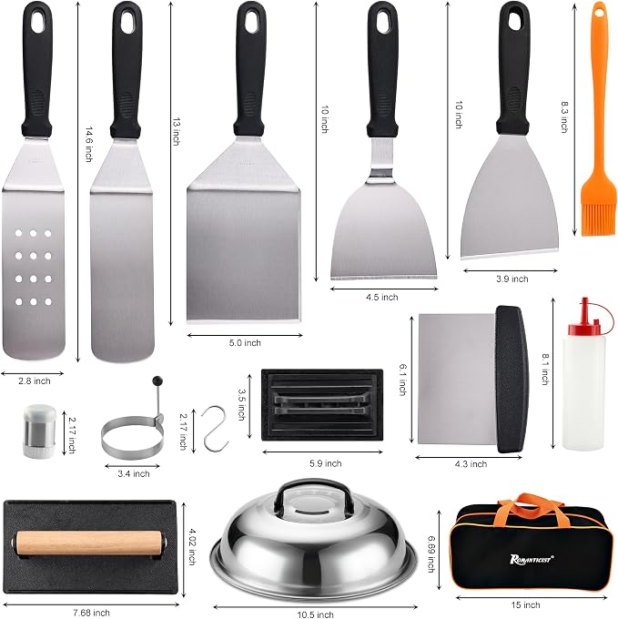 ROMANTICIST 29PCS Griddle Accessories Set - Flat Top Teppanyaki Spatula Set with Scraper, Basting Cover for Camp Chef- Home Cooking Griddle and Outdoor BBQ Gifts for Christmas