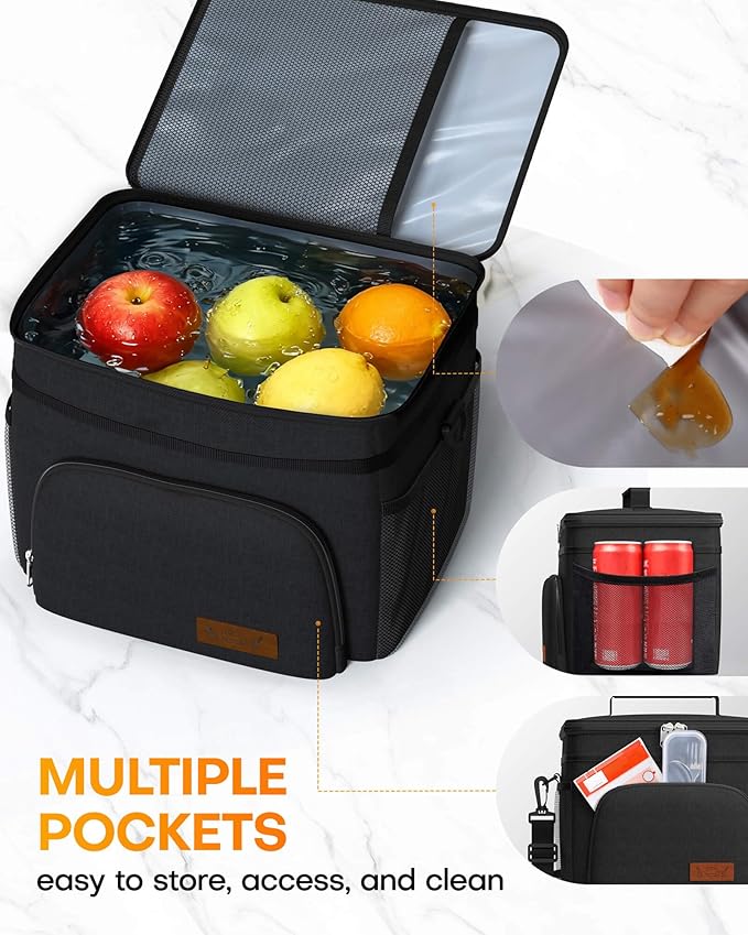 HOTOR Insulated Lunch Box Men Women Leak-Proof Cooler Lunch Bag 9L | 4 Pockets, Adjustable Strap, Ideal for Work, Picnic, Travel, Camping, Gift, Black