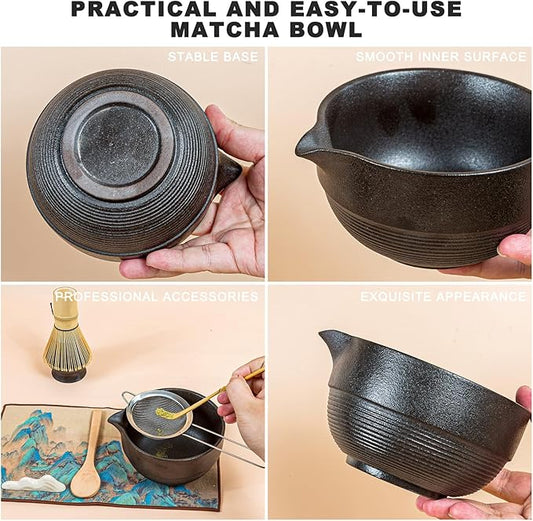 Matcha Set 7-Piece Tea Set with Brush, Bowl, Whisk, Strainer, Chasen, for Matcha Tea Ceremony (Black)
