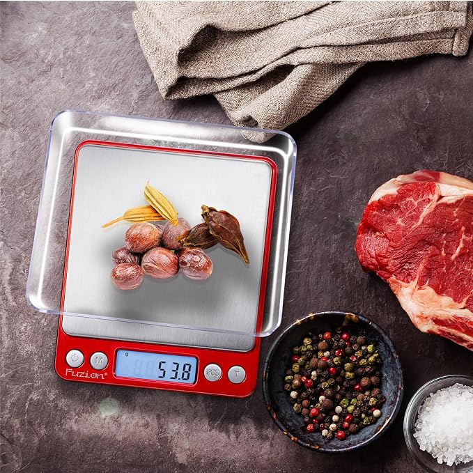 Fuzion Small Gram Scale 3000g, Digital Kitchen Food Scale, Gram and Ounce | 0.1g Accuracy, 6 Modes, 2 Trays Included, Tare Function, Piece Counting, For Food, Coffee, Cooking, Herb, Reptiles, Coins