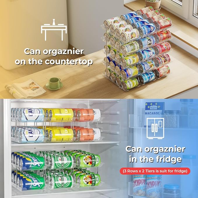 Can Organizer for Pantry Stackable 5 Tiers Can Storage Organizer Pantry Soda Can Organizer for Fridge 60 Cans Rack Automatic Rolling Canned Food Organizer for Refrigerator Kitchen Clear