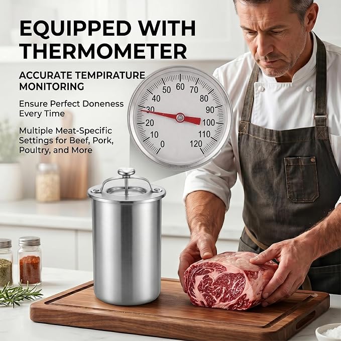 304 Stainless Steel Ham Maker with Thermometer, Lunch Meat Press Mold for Homemade Cold Cuts, Rolled Meat, 2 LB Capacity