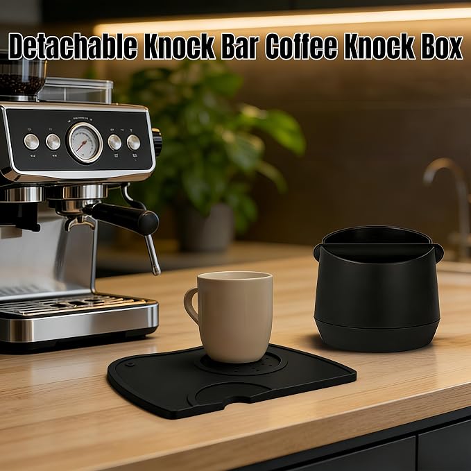 ABS Coffee Knock Box with Tamping Mat, Detachable Knock Bar, Non-Slip & Shock-Absorbent, Easy to Clean, Large Capacity 2Quarts/64OZ Coffee Grounds Container for Bar & Home Use, Coffee Accessory