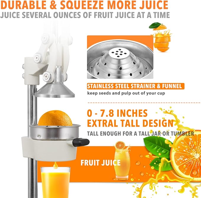 19 Inch Height Extra Tall Commercial Heavy Duty Cast Iron Hand Press Manual Orange Citrus Lemon Lime Grapefruit Pomegranate Fruit Juice Squeezer Machine with Stainless Steel Cup White