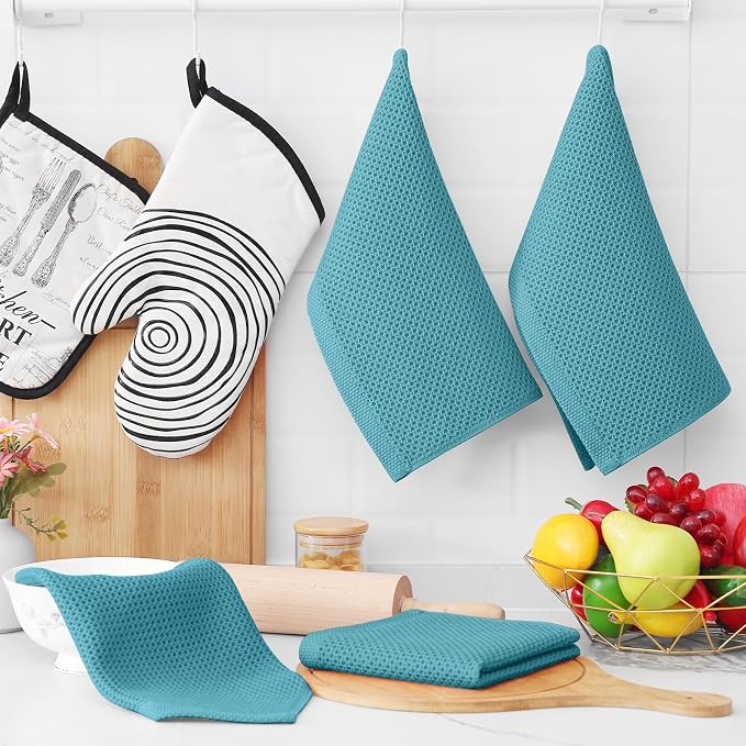 Homaxy 100% Cotton Waffle Weave Kitchen Dish Cloths, 4-Pack, Lake Blue | 12 x 12 Inches, Ultra Soft Absorbent Dish Towels, Quick Drying Dish Rags with Hanging Loop