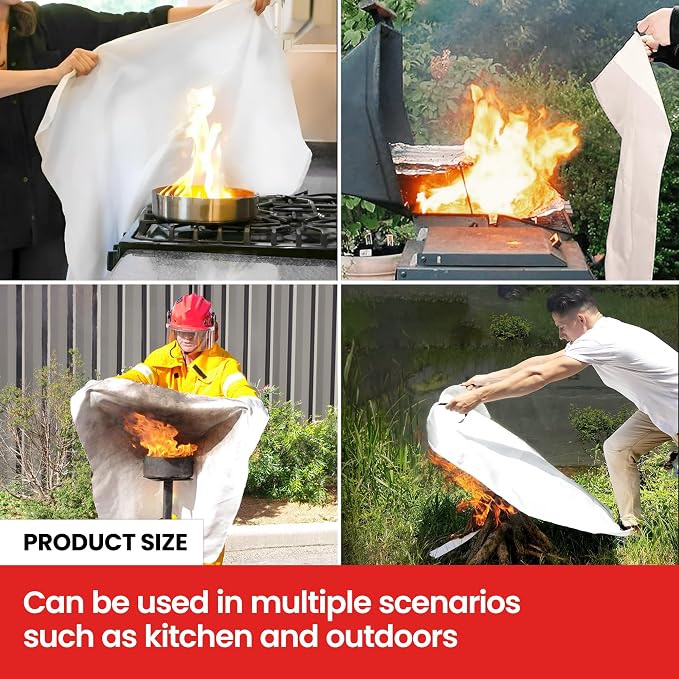 Fire Blanket 4 Pack 40"x40" – CE Certified Fiberglass, Heat Resistant to 1076°F – No-Mess Fire Suppression for Kitchen, Grill, Car, Camping & Home Safety