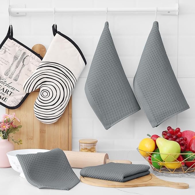 Homaxy 100% Cotton Waffle Weave Kitchen Dish Cloths, 4-Pack, Grey | 12 x 12 Inches, Ultra Soft Absorbent Dish Towels, Quick Drying Dish Rags with Hanging Loop