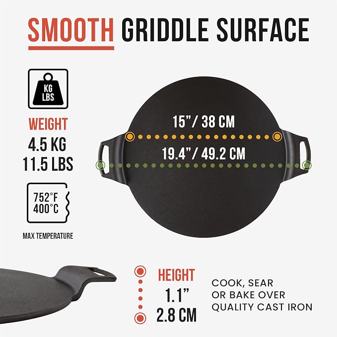 Chef Pomodoro Cast Iron Pizza Pan, Pre-Seasoned Dosa Pan with Handles, Flat Pan for Oven, Round Griddle for Dosa Tawa Roti, Comal for Tortillas, Baking Stove, Oven, Grill BBQ and Campfire (15-inch) | Round Griddle for Dosa, Tawa, Roti, Comal; Oven, Gri...