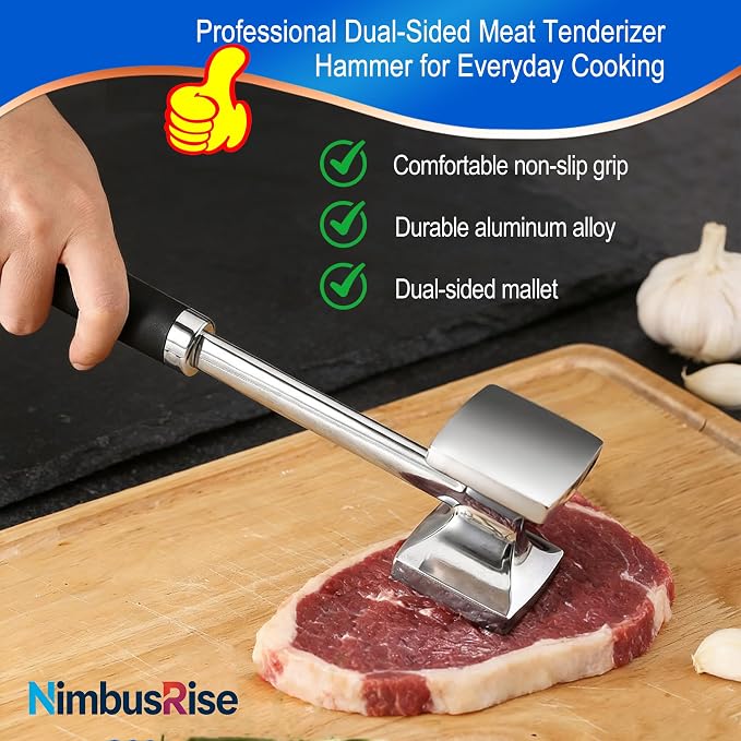 Aluminum Meat Tenderizer Hammer, Dual-Sided Meat Mallet with Grip | Dual-sided aluminum meat tenderizer with textured and smooth sides for tenderizing, flattening, and crushing meats and foods