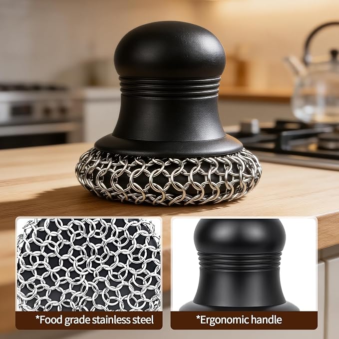 316 Upgraded Cast Iron Scrubber with Pan Scraper,Cast Iron Cleaner for Grill Pan Skillet Wok Carbon Steel,Ergonomic to Hold Easy to Use Dishwasher Safe ((Small&Large Chainmail,2pcs))