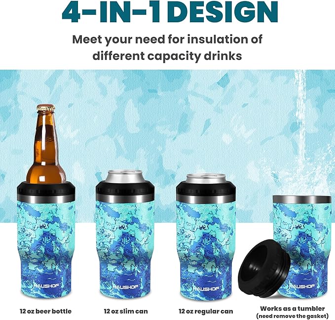 HAUSHOF 4-in-1 Insulated Can Cooler Fits 12oz Cans & Beer Bottle, Camo Blue | Double-Wall Vacuum Insulated, 18/8 Stainless Steel, BPA-Free Lid, Slim Can Cooler for Camping, Beach & Picnic