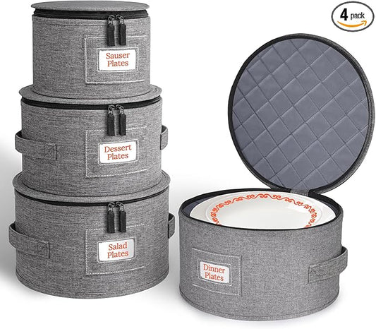 Cirhy Hard Shell China Storage Containers 4-Piece Set - Reinforced Hard-Sided Moving Boxes for Dinner Plates, Bowls & Saucers - Stackable Dish Packing Protectors with 48 Felt Dividers