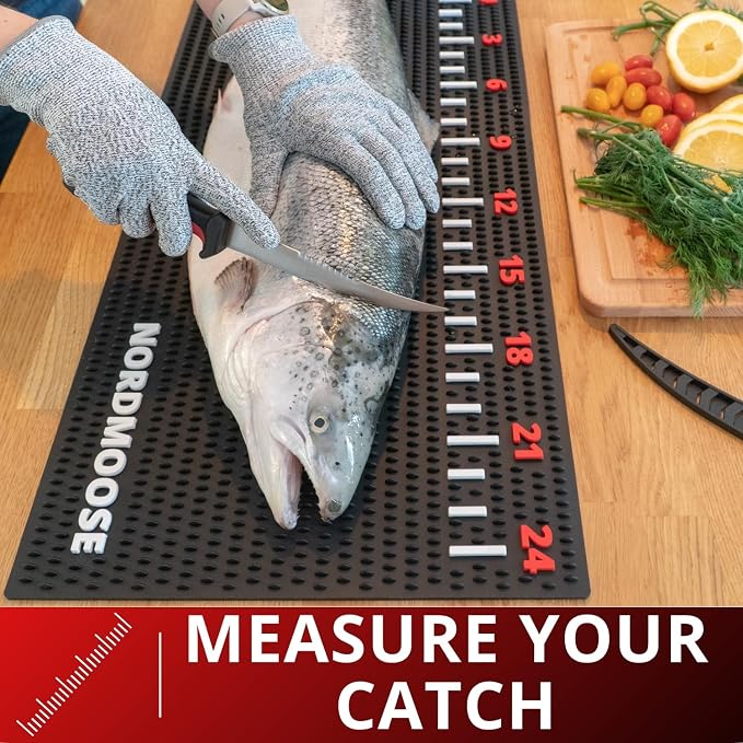Fish Fillet Mat with Storage Bag and Fish Ruler Decal. Large 28""x14"" Nonslip Fish Cleaning Mat that Grips the Fish - Durable & Easy to Clean, Portable Fish Cutting Board, Black