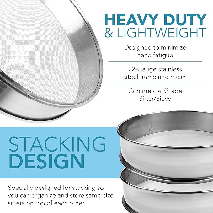 Stainless Steel Flour Sifter Fine Mesh Round Flour Sieve for Baking 14" Diameter x 2.88" High; 50 Mesh (Hole Size 0.3mm)