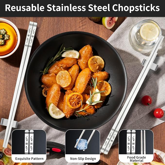 Metal Chopsticks Reusable 2 Pairs: Stainless Steel Chopstick with Two Holders Set ,Dishwasher Safe,Non-Slip,Gift Box Packaging,Laser Engraved,Japanese Chinese Korean Chop Sticks for Cooking Eating