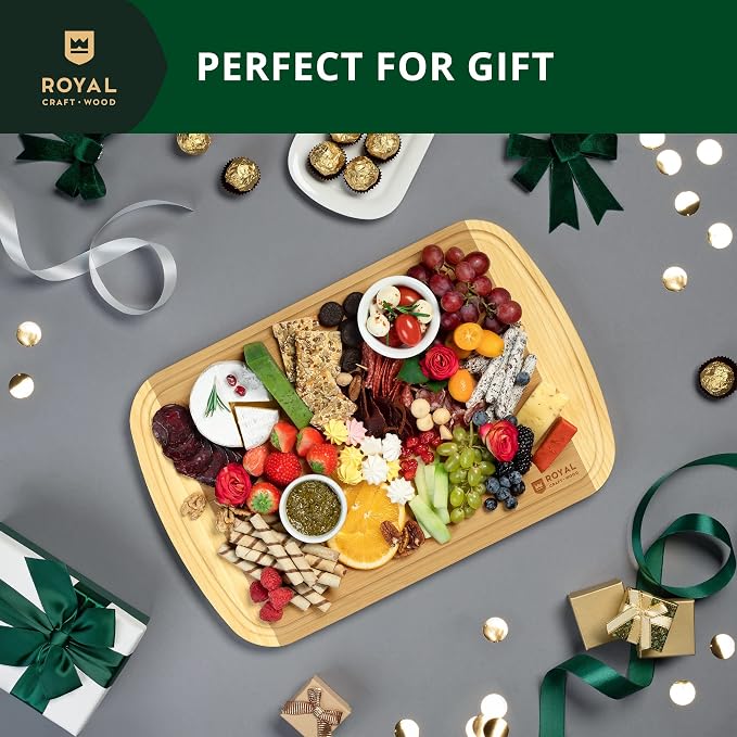 ROYAL CRAFT WOOD Wooden Cutting Boards for Kitchen Meal Prep & Serving - Bamboo Wood Serving Board Set with Deep Juice Groove Side Handles - Charcuterie & Chopping Butcher Block for Meat