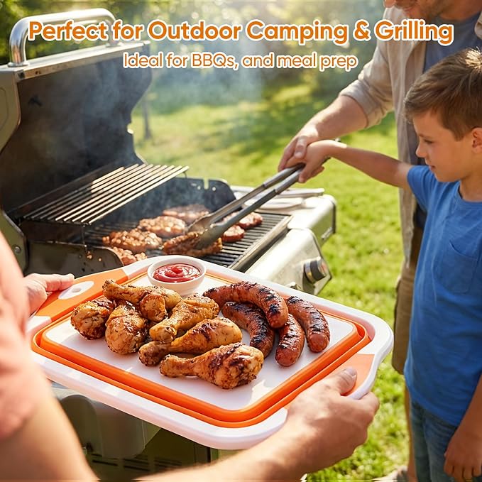 Collapsible BBQ Prep Tub with Lid, Foldable Camping Sink with Colander, Cutting Board, Dish Basin for Kitchen, Bowl, Vegetable and Fruit, Storage Basket for Picnic-Orange
