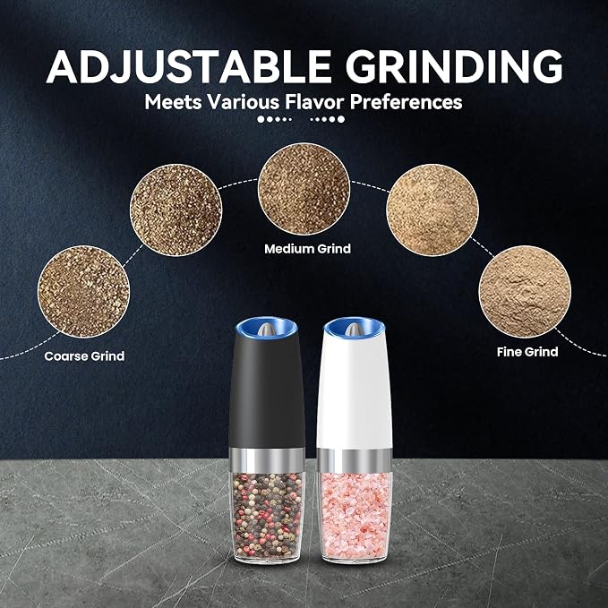 UNNEES Gravity Electric Salt and Pepper Grinder set of 2, Automatic Salt And Pepper Grinder Set, Adjustable Roughness, Battery Powered, LED Light, 2 Pack, (Black&White)