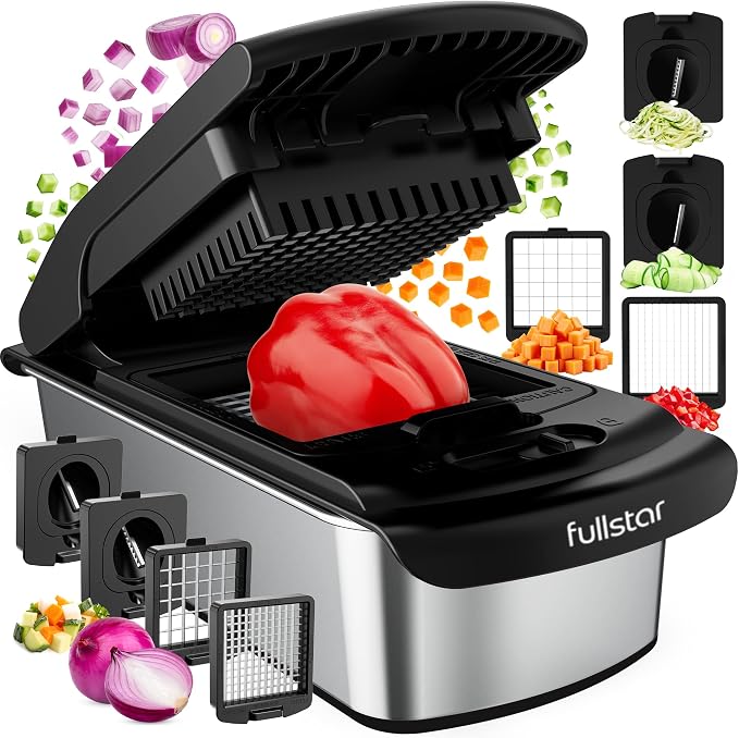 Fullstar Pro Original Vegetable Chopper & Spiralizer, Kitchen Prep Tool | 4 in 1 Veggie Slicer, Onion & Fruit Cutter with Sharp Stainless Steel Blades & Container (Stainless Steel)