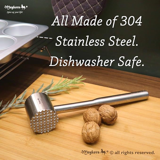 Meat Tenderizer Mallet, 304 Stainless Steel Hammer Pounder Flattener Beater | Dishwasher Safe, Perfect Weight, Food Grade Metal, Kitchen Tool for Cooking, for Steak Beef Chicken Pork Poultry | by Meykers