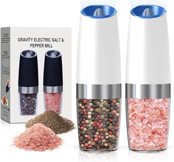 Battery Operated Salt And Pepper Grinder Set with LED Light, Automatic Electric Gravity Salt And Pepper Shakers Set, Each 6 AAA Batteries Needed, Adjustable Roughness, 2 Pack (White)