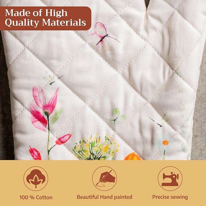 Maison d'Hermine Oven Gloves 100% Cotton Oven Mitt (7" x 13", Pack of 1) | With Loop Heat Resistant BBQ Cooking Gloves Baking Grilling Kitchen Handling Hot Pans Spring Summer - Botanical Fresh