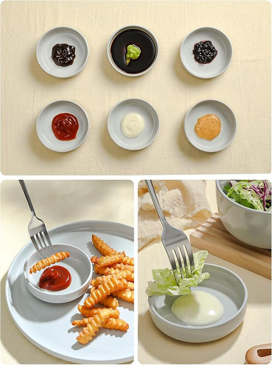 famiware Milkyway Ceramic Soy Sauce Dish, Dipping Bowls Set of 6, Dipping Sauce Bowls/Dishes, 4oz Small Serving Bowls for Side Dishes, Condiment, Sushi, Appetizer, Dessert, Light Gray