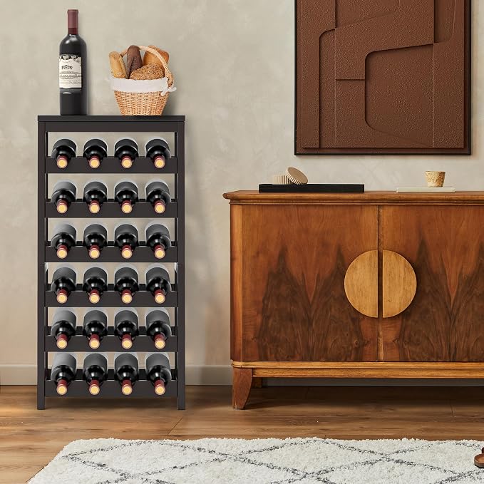 24 Botttle Wine Rack Freestanding Floor 6 Tier Bamboo Wine Rack Storage | 6 Tier Wine Rack Wine Storage Shelves for Kitchen Bar Dining Room Living Room Dark Brown