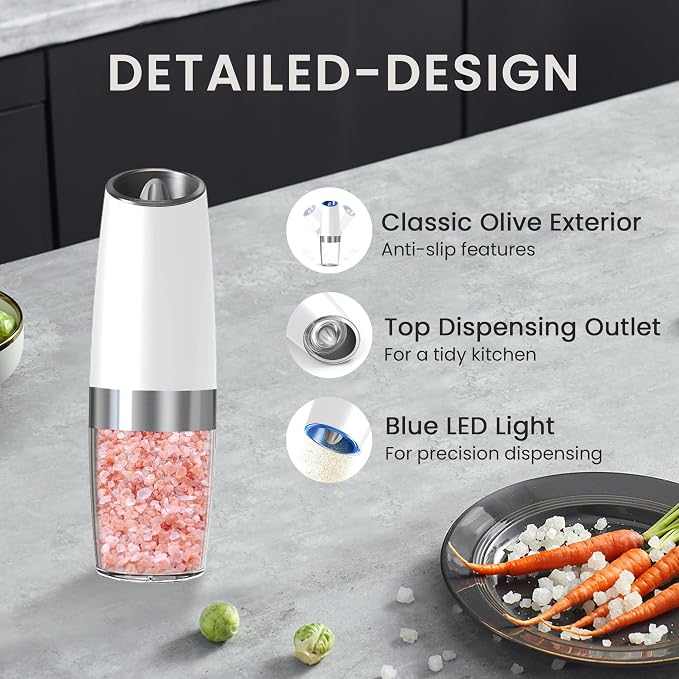 Battery Operated Salt And Pepper Grinder Set with LED Light, Automatic Electric Gravity Salt And Pepper Shakers Set, Each 6 AAA Batteries Needed, Adjustable Roughness, 2 Pack (White)